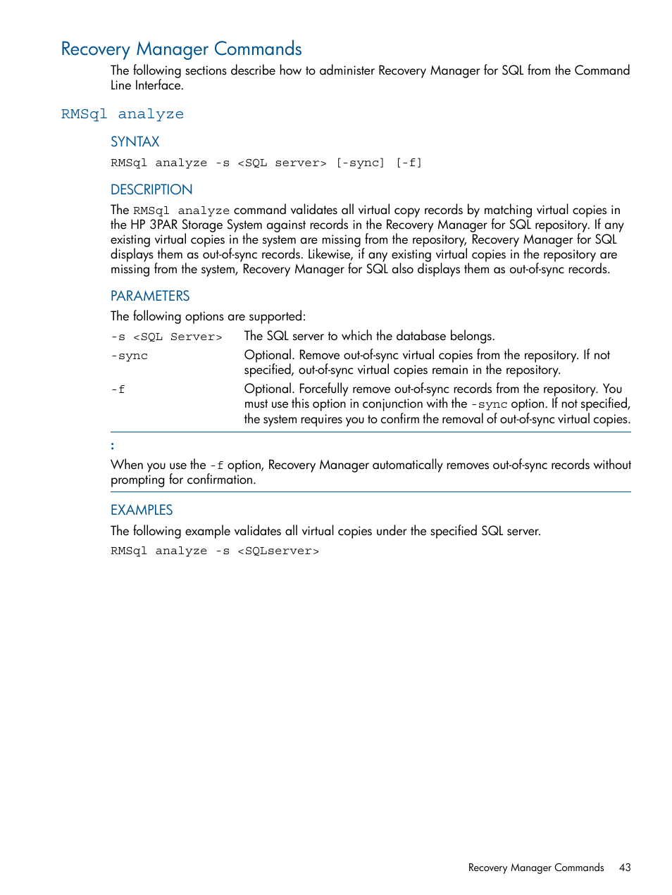 Recovery manager commands, Rmsql analyze | HP 3PAR Recovery Manager Software for Microsoft SQL Server Licenses User Manual | Page 43 / 87