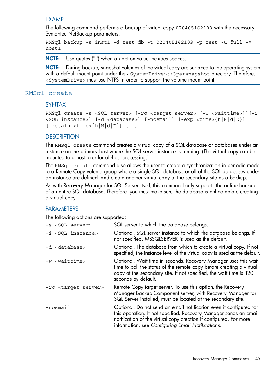 Rmsql create | HP 3PAR Recovery Manager Software for Microsoft SQL Server Licenses User Manual | Page 45 / 87