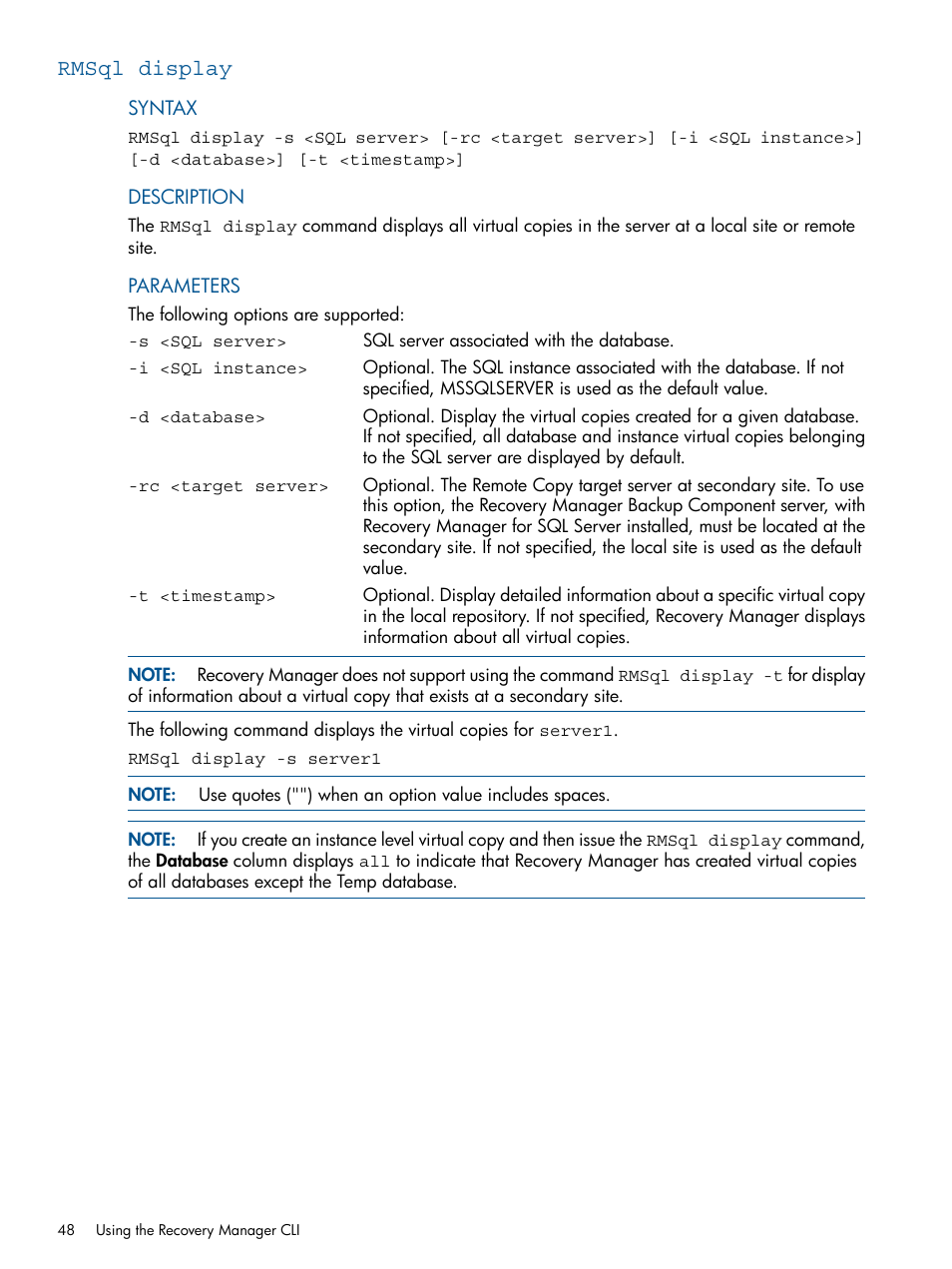 Rmsql display | HP 3PAR Recovery Manager Software for Microsoft SQL Server Licenses User Manual | Page 48 / 87
