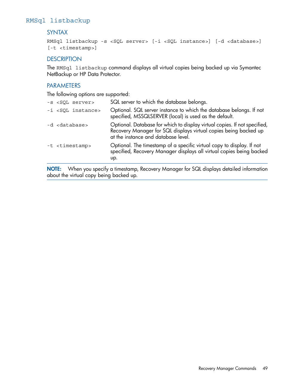 Rmsql listbackup | HP 3PAR Recovery Manager Software for Microsoft SQL Server Licenses User Manual | Page 49 / 87