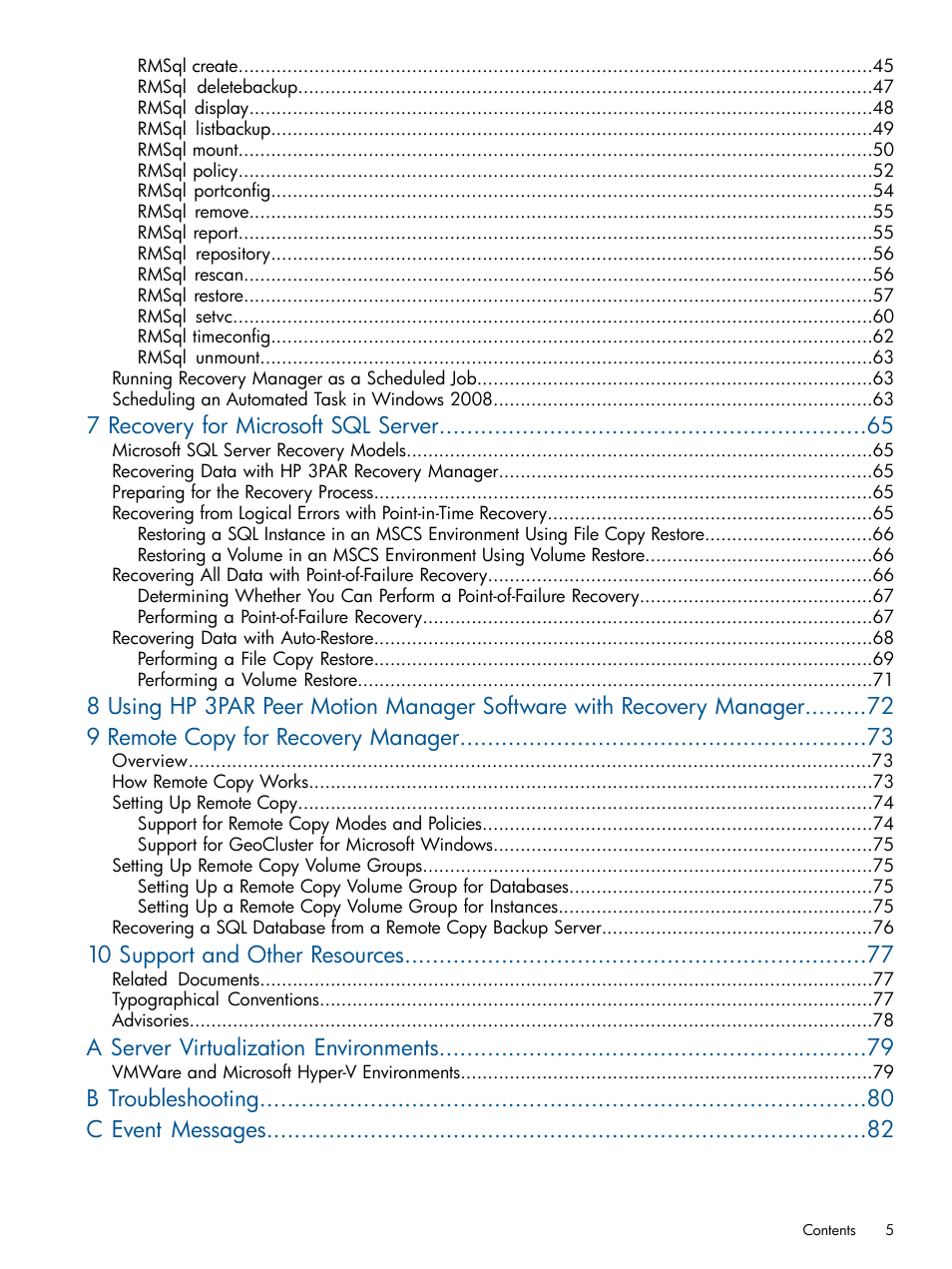 7 recovery for microsoft sql server, 10 support and other resources, A server virtualization environments | B troubleshooting c event messages | HP 3PAR Recovery Manager Software for Microsoft SQL Server Licenses User Manual | Page 5 / 87