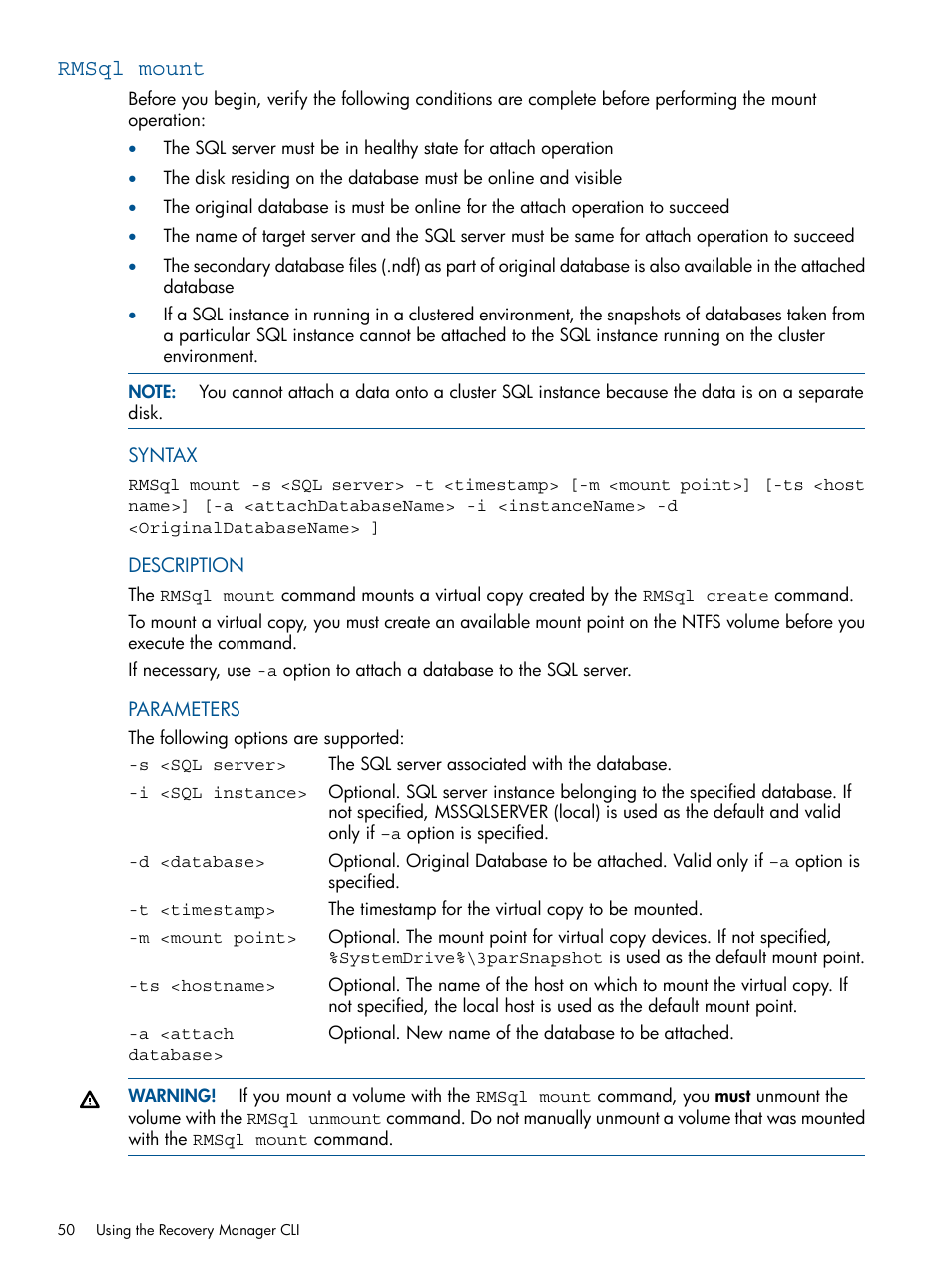 Rmsql mount | HP 3PAR Recovery Manager Software for Microsoft SQL Server Licenses User Manual | Page 50 / 87