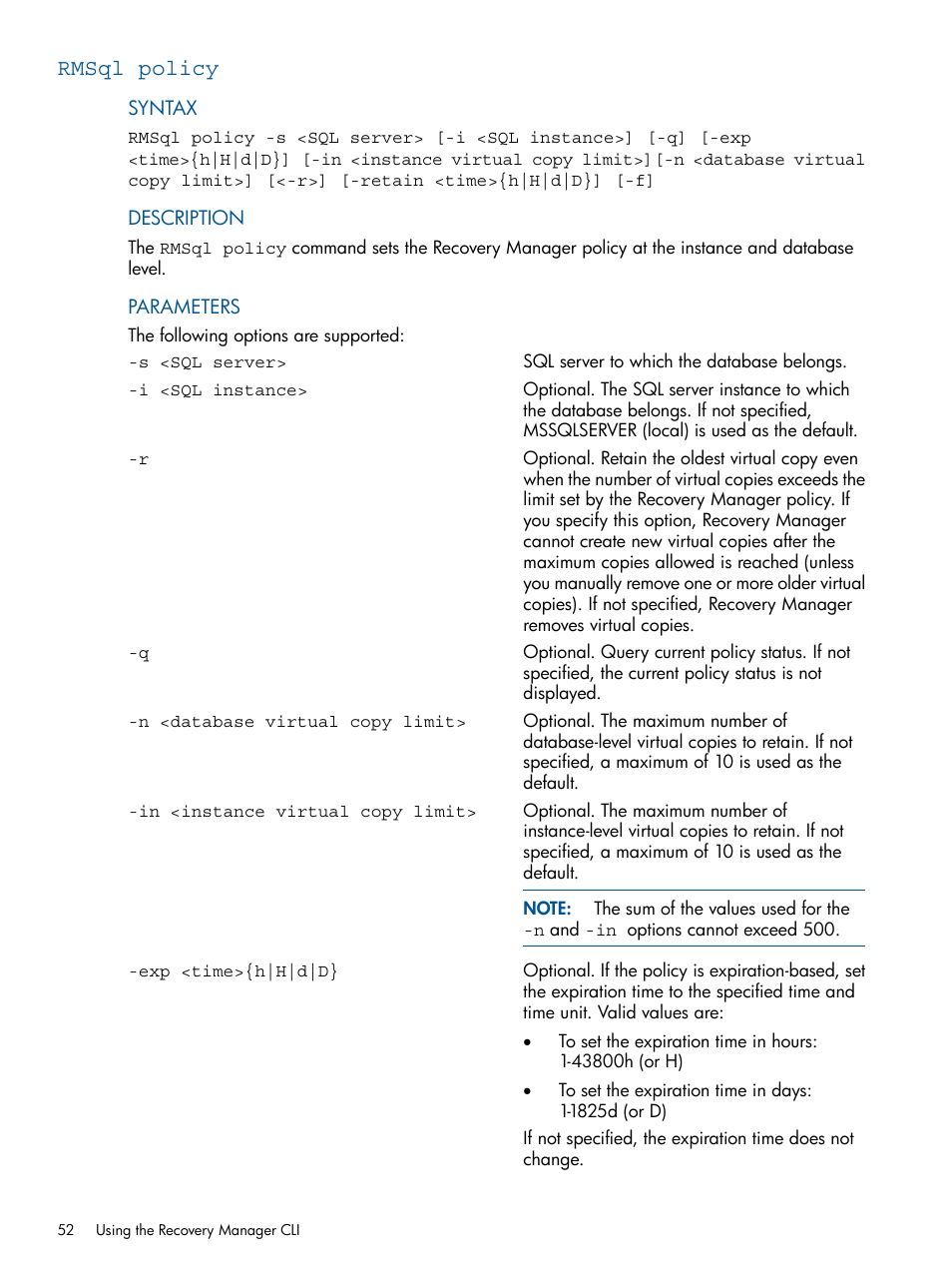 Rmsql policy | HP 3PAR Recovery Manager Software for Microsoft SQL Server Licenses User Manual | Page 52 / 87