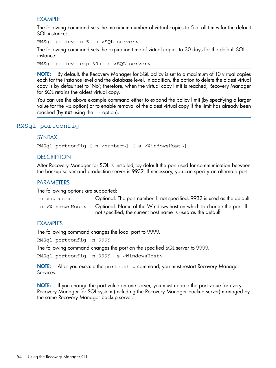 Rmsql portconfig | HP 3PAR Recovery Manager Software for Microsoft SQL Server Licenses User Manual | Page 54 / 87