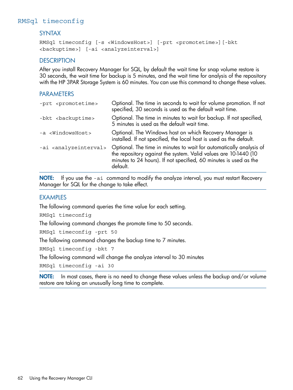 Rmsql timeconfig | HP 3PAR Recovery Manager Software for Microsoft SQL Server Licenses User Manual | Page 62 / 87