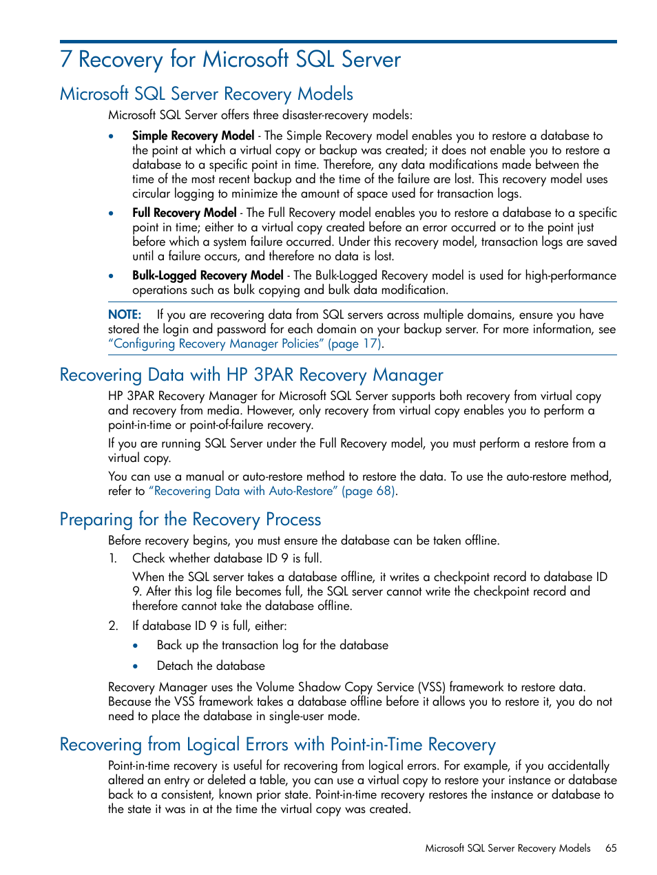 7 recovery for microsoft sql server, Microsoft sql server recovery models, Recovering data with hp 3par recovery manager | Preparing for the recovery process | HP 3PAR Recovery Manager Software for Microsoft SQL Server Licenses User Manual | Page 65 / 87