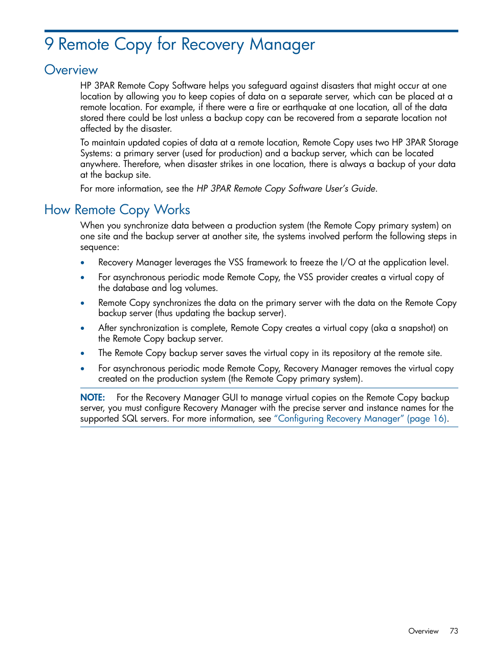 9 remote copy for recovery manager, Overview, How remote copy works | Overview how remote copy works | HP 3PAR Recovery Manager Software for Microsoft SQL Server Licenses User Manual | Page 73 / 87