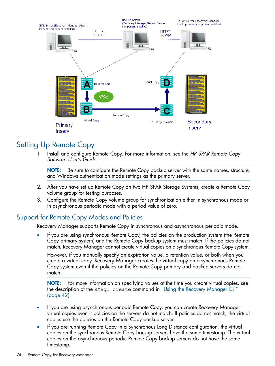 Setting up remote copy, Support for remote copy modes and policies | HP 3PAR Recovery Manager Software for Microsoft SQL Server Licenses User Manual | Page 74 / 87