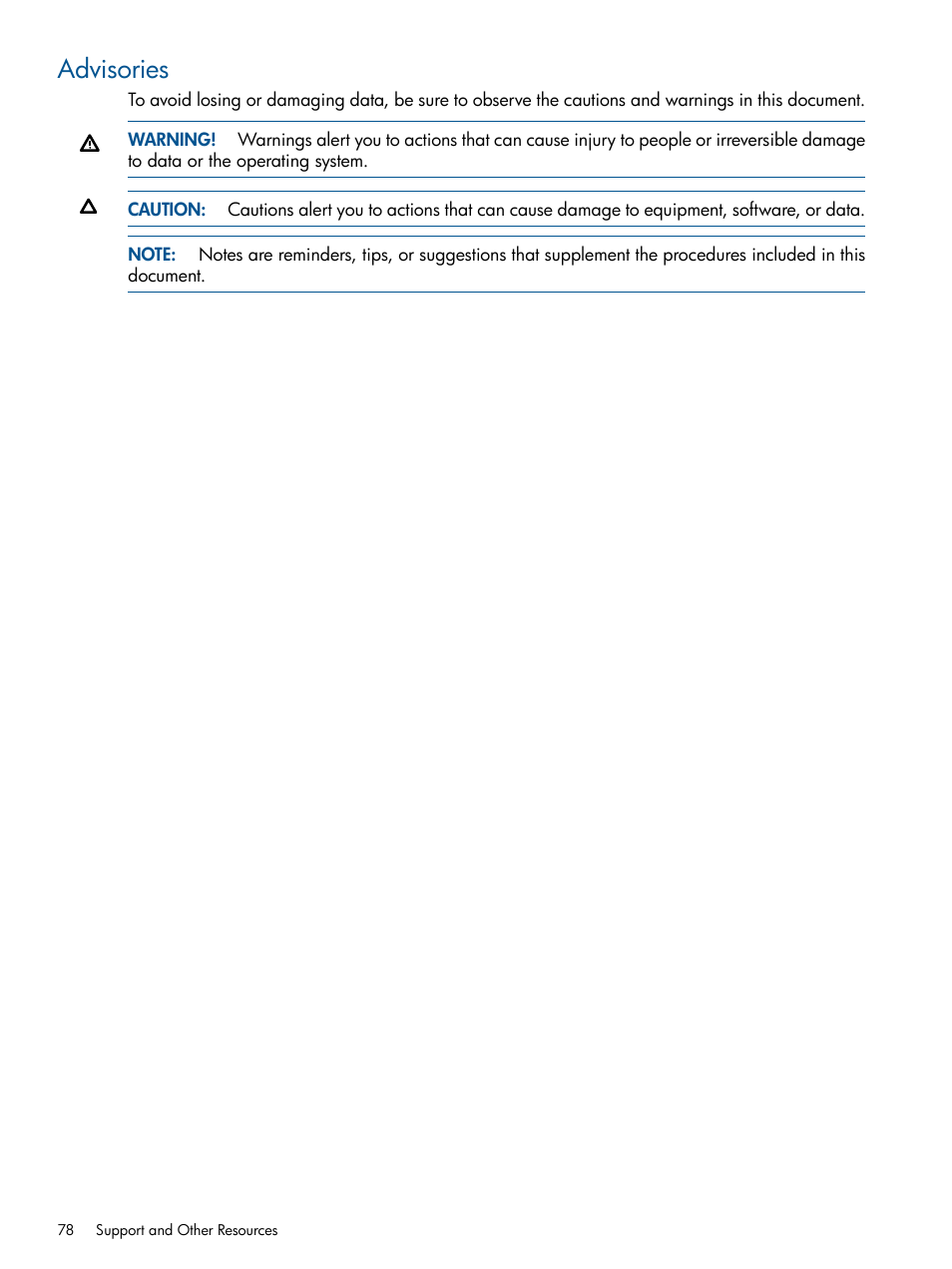 Advisories | HP 3PAR Recovery Manager Software for Microsoft SQL Server Licenses User Manual | Page 78 / 87