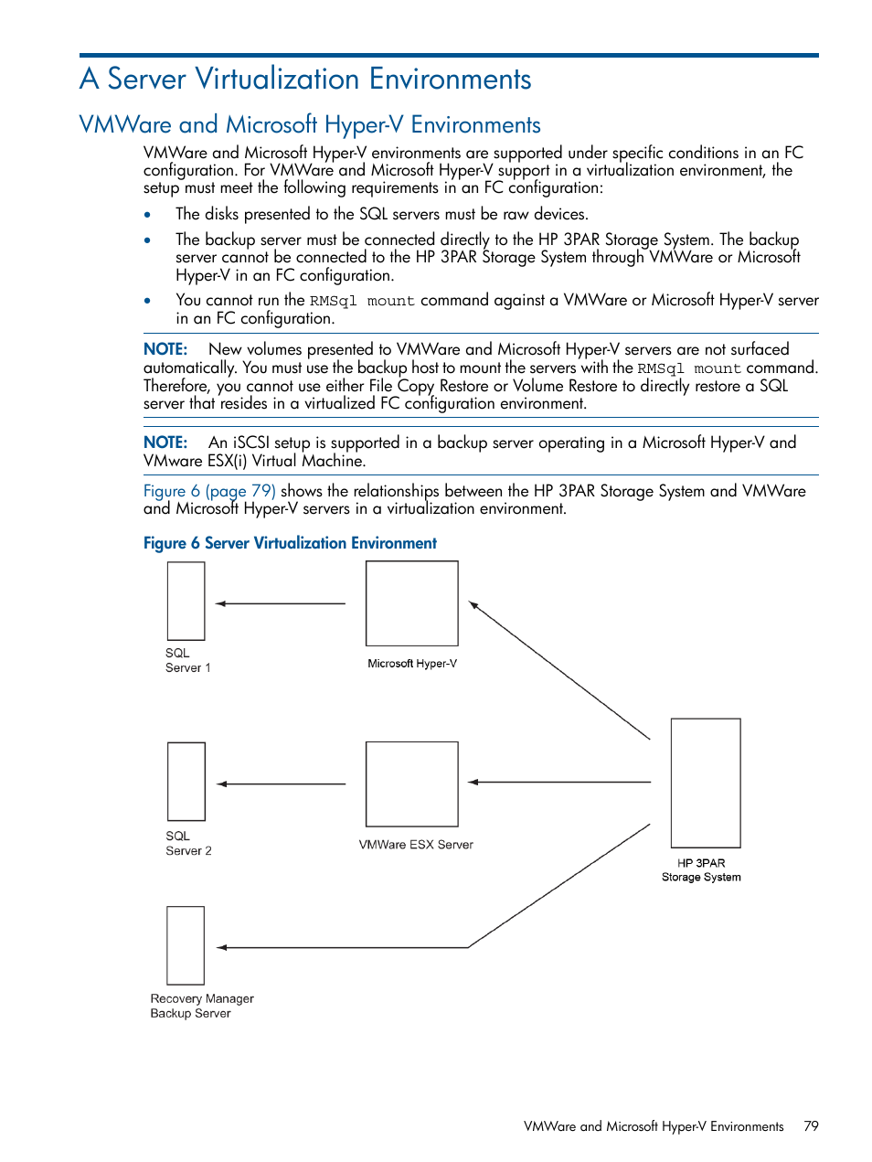 A server virtualization environments, Vmware and microsoft hyper-v environments | HP 3PAR Recovery Manager Software for Microsoft SQL Server Licenses User Manual | Page 79 / 87