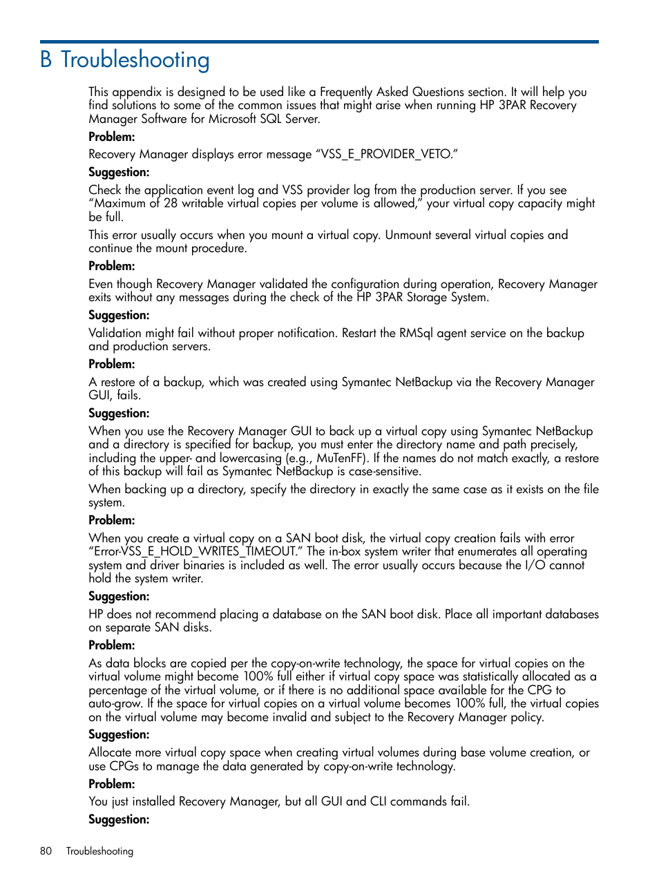 B troubleshooting | HP 3PAR Recovery Manager Software for Microsoft SQL Server Licenses User Manual | Page 80 / 87