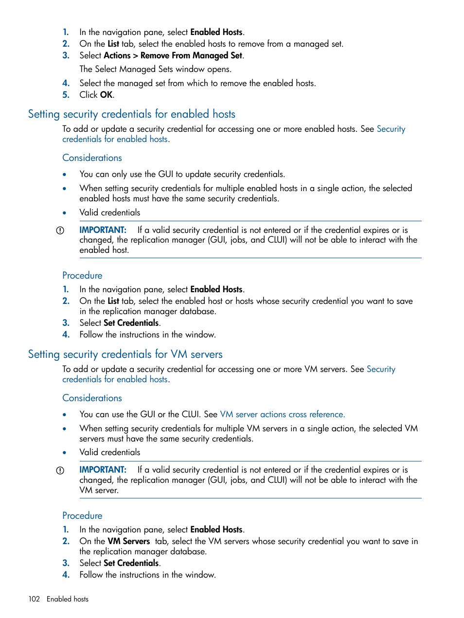 Setting security credentials for enabled hosts, Setting security credentials for vm servers, Setting security | Credentials for enabled hosts, Procedure | HP P6000 Continuous Access Software User Manual | Page 102 / 296