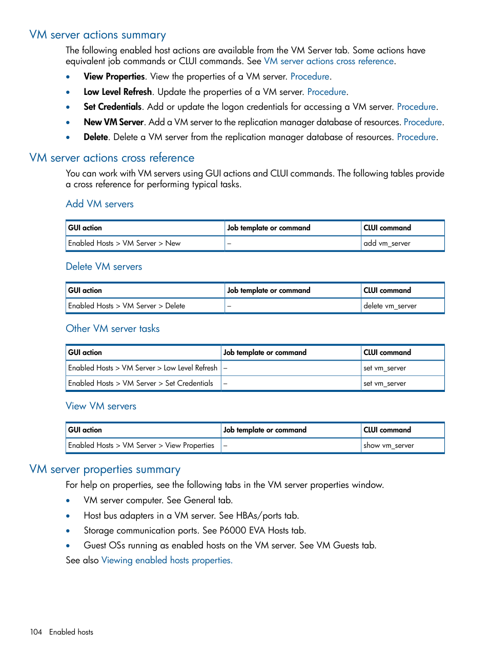 Vm server actions summary, Vm server actions cross reference, Vm server properties summary | Vm servers properties summary | HP P6000 Continuous Access Software User Manual | Page 104 / 296