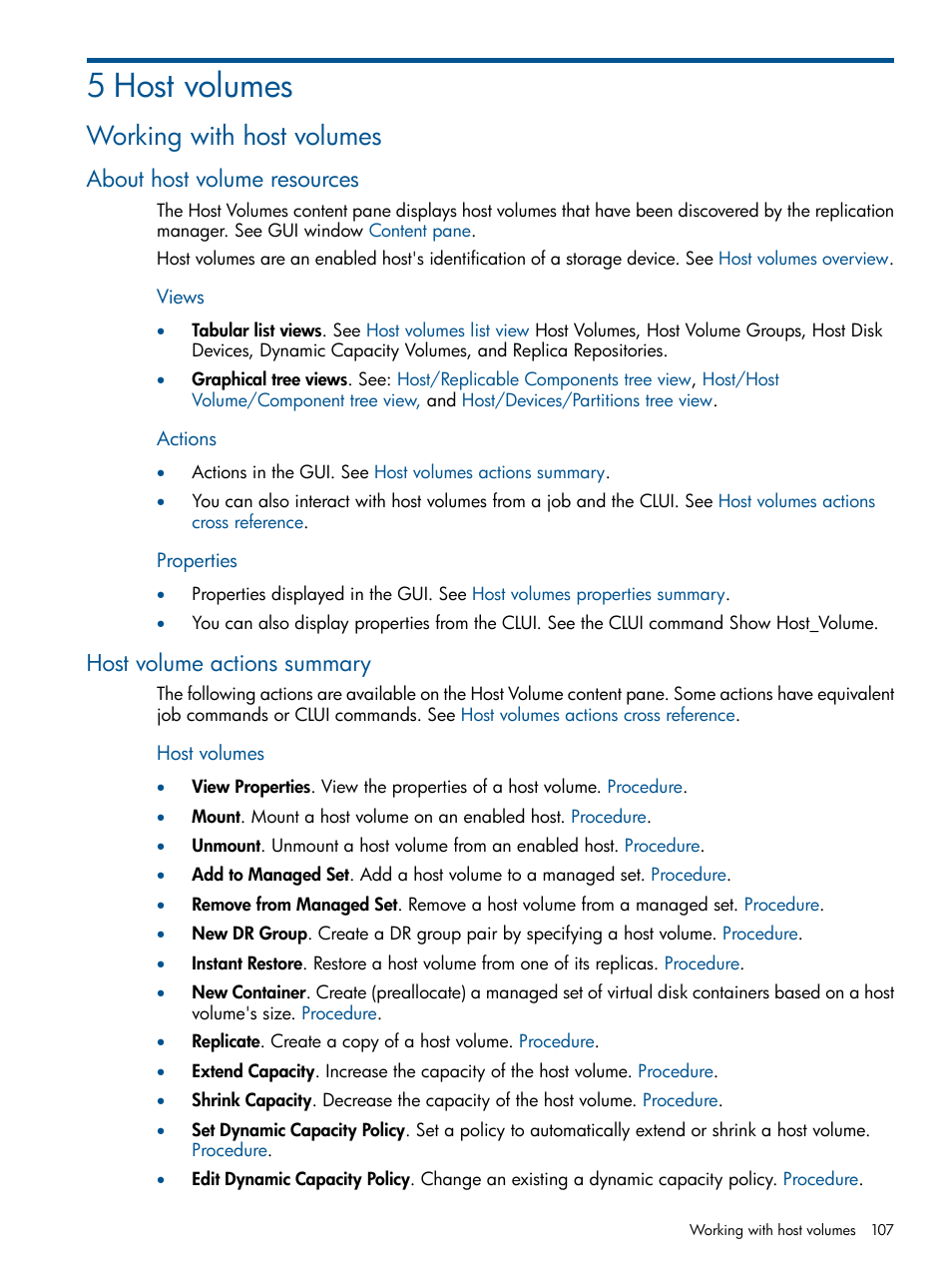 5 host volumes, Working with host volumes, About host volume resources | Host volume actions summary, About host volumes | HP P6000 Continuous Access Software User Manual | Page 107 / 296