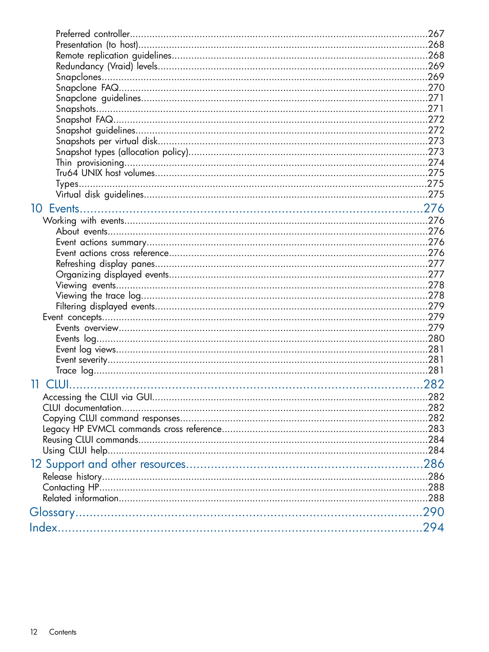 10 events, 11 clui, 12 support and other resources | Glossary index | HP P6000 Continuous Access Software User Manual | Page 12 / 296