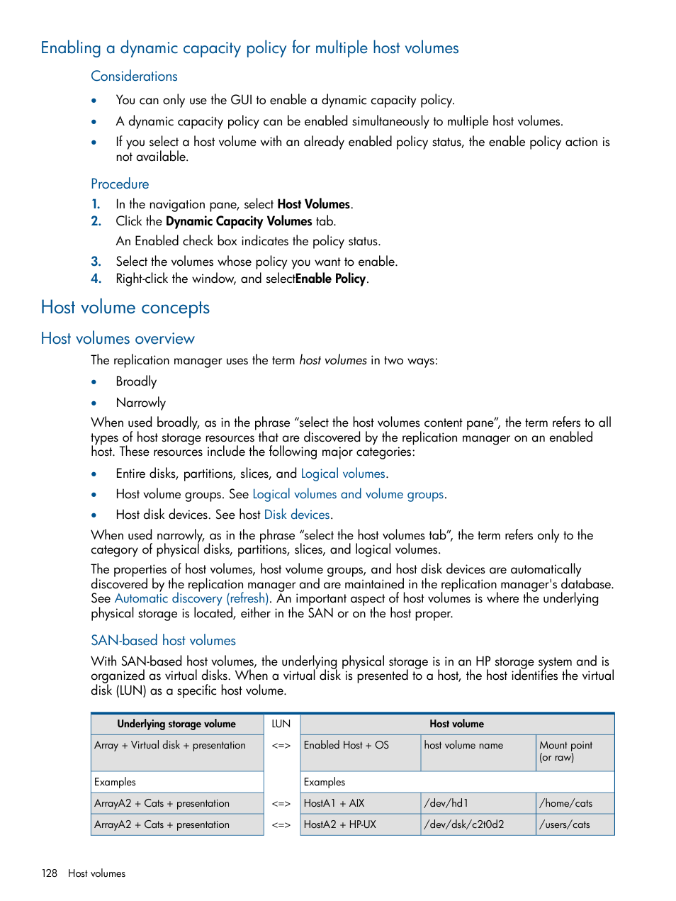 Host volume concepts, Host volumes overview, Procedure | HP P6000 Continuous Access Software User Manual | Page 128 / 296