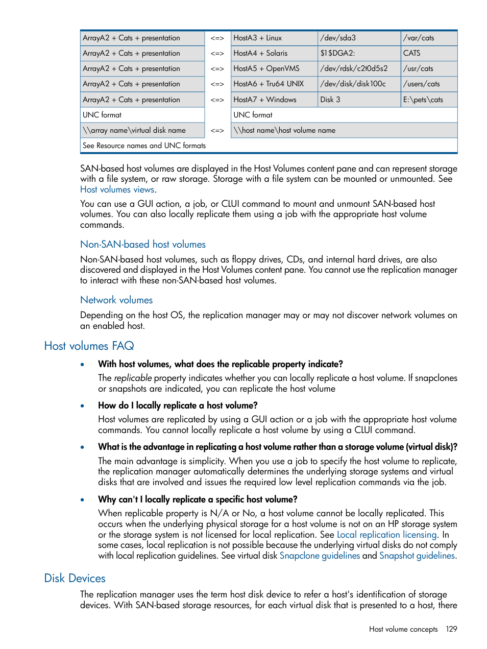 Host volumes faq, Disk devices, Host volumes faq disk devices | HP P6000 Continuous Access Software User Manual | Page 129 / 296