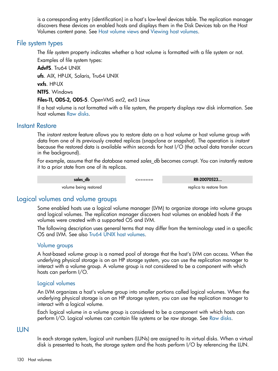 File system types, Instant restore, Logical volumes and volume groups | Logical volumes | HP P6000 Continuous Access Software User Manual | Page 130 / 296