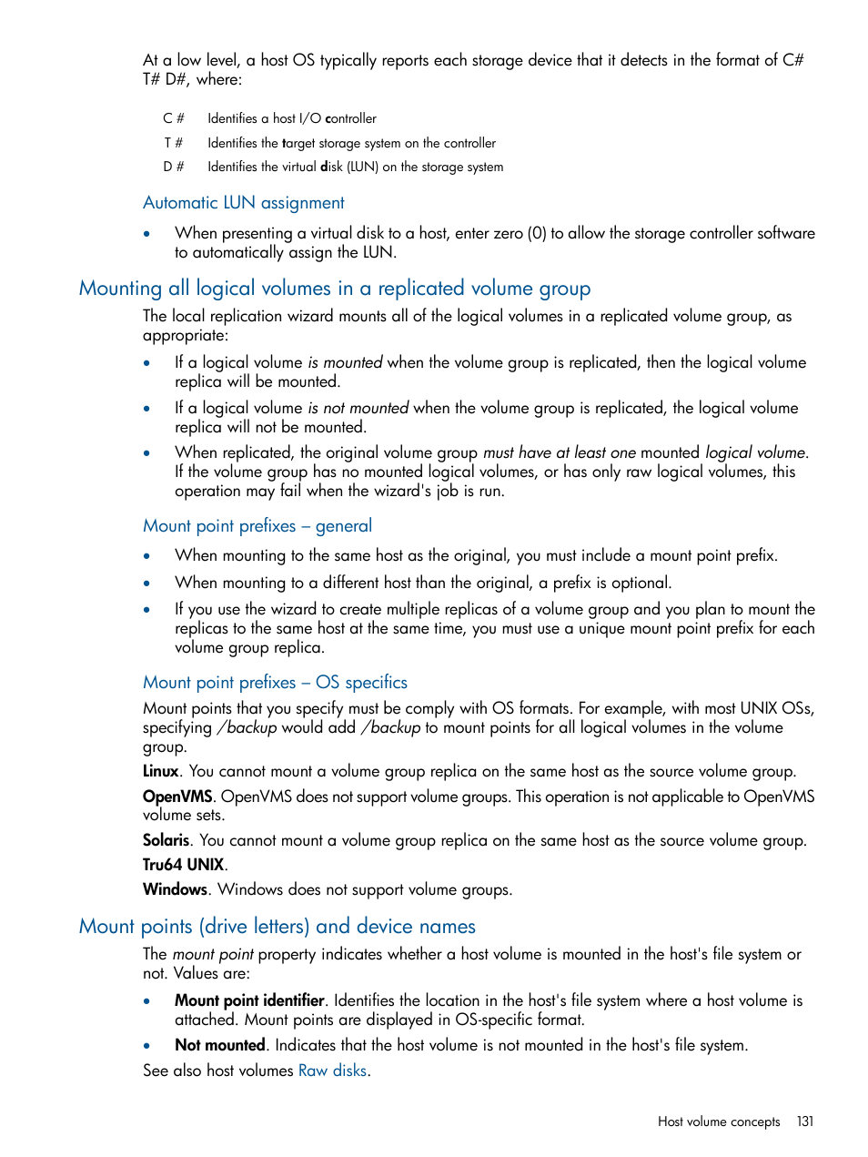 Mount points (drive letters) and device names | HP P6000 Continuous Access Software User Manual | Page 131 / 296