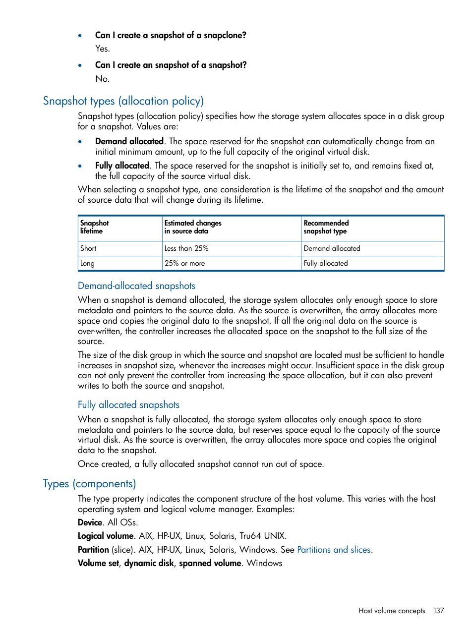Snapshot types (allocation policy), Types (components), Snapshot types | HP P6000 Continuous Access Software User Manual | Page 137 / 296