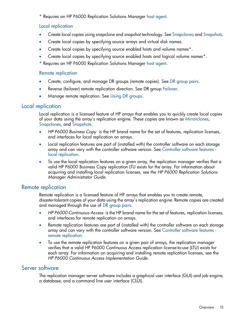 Local replication, Remote replication, Server software | HP P6000 Continuous Access Software User Manual | Page 15 / 296