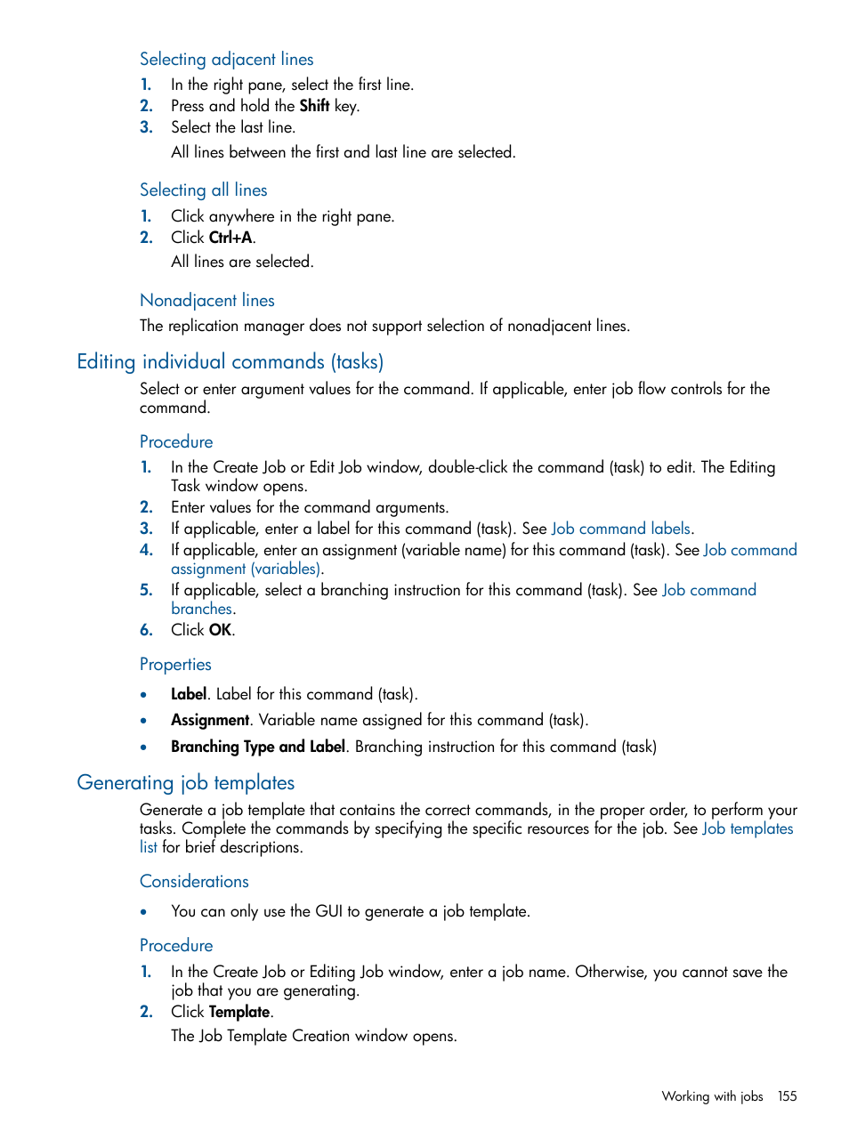 Editing individual commands (tasks), Generating job templates, Nonadjacent lines | Selecting all lines, Selecting adjacent lines | HP P6000 Continuous Access Software User Manual | Page 155 / 296
