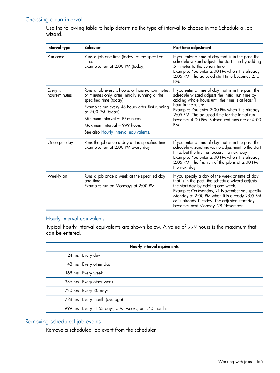 Choosing a run interval, Removing scheduled job events, Procedure | Choosing a, Run interval | HP P6000 Continuous Access Software User Manual | Page 165 / 296