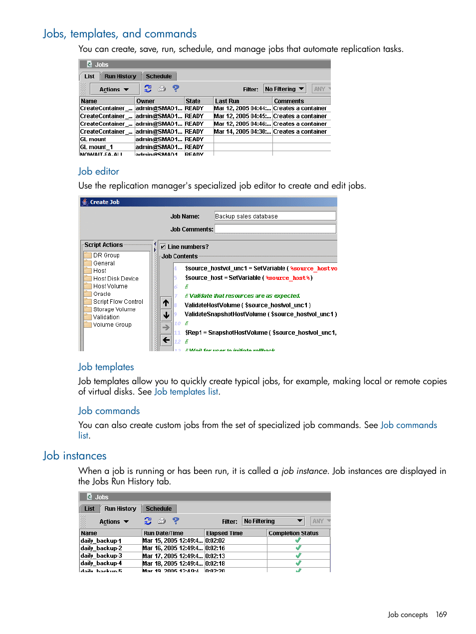 Jobs, templates, and commands, Job instances, Jobs, templates, and commands job instances | HP P6000 Continuous Access Software User Manual | Page 169 / 296