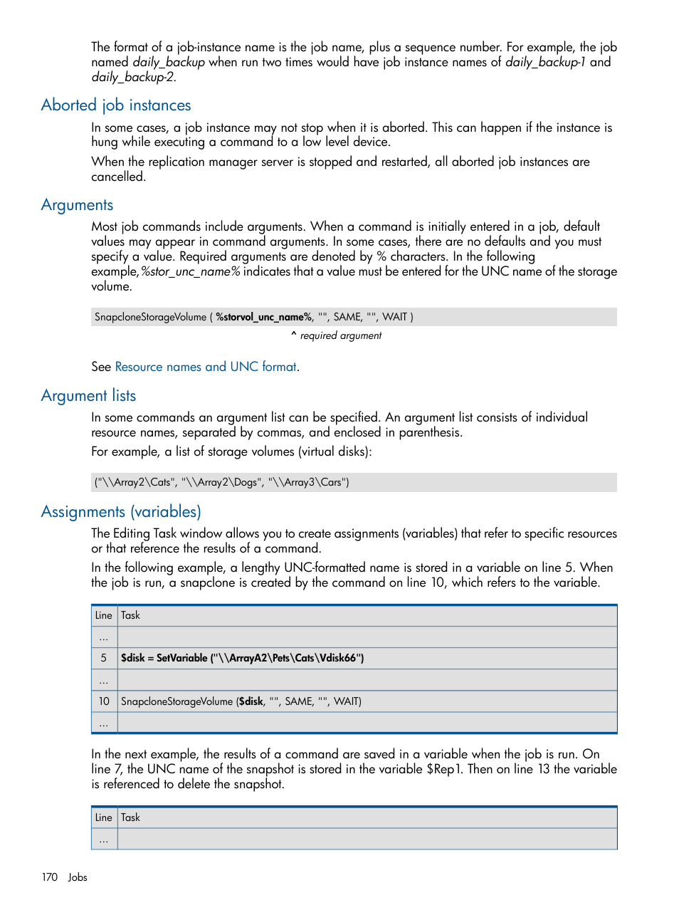 Aborted job instances, Arguments, Argument lists | Assignments (variables), Job command, Assignment (variables), Assignment | HP P6000 Continuous Access Software User Manual | Page 170 / 296