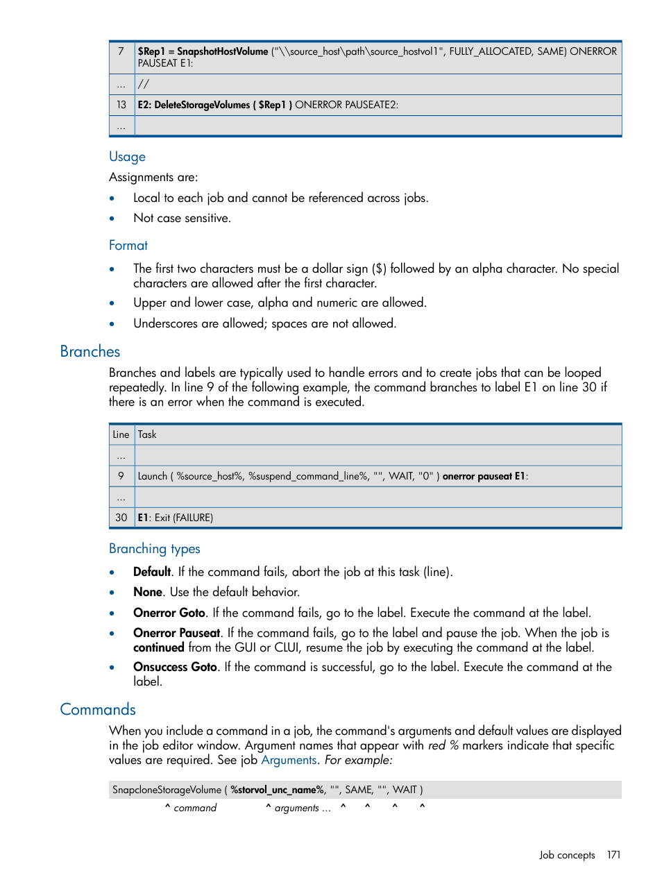 Branches, Commands, Branches commands | Job command, Branch | HP P6000 Continuous Access Software User Manual | Page 171 / 296