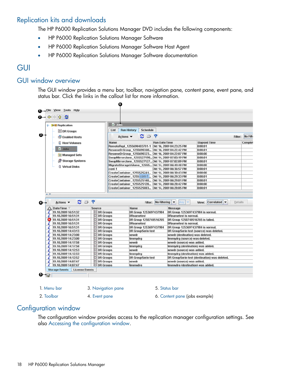 Replication kits and downloads, Gui window overview, Configuration window | Gui window overview configuration window, Gui window | HP P6000 Continuous Access Software User Manual | Page 18 / 296