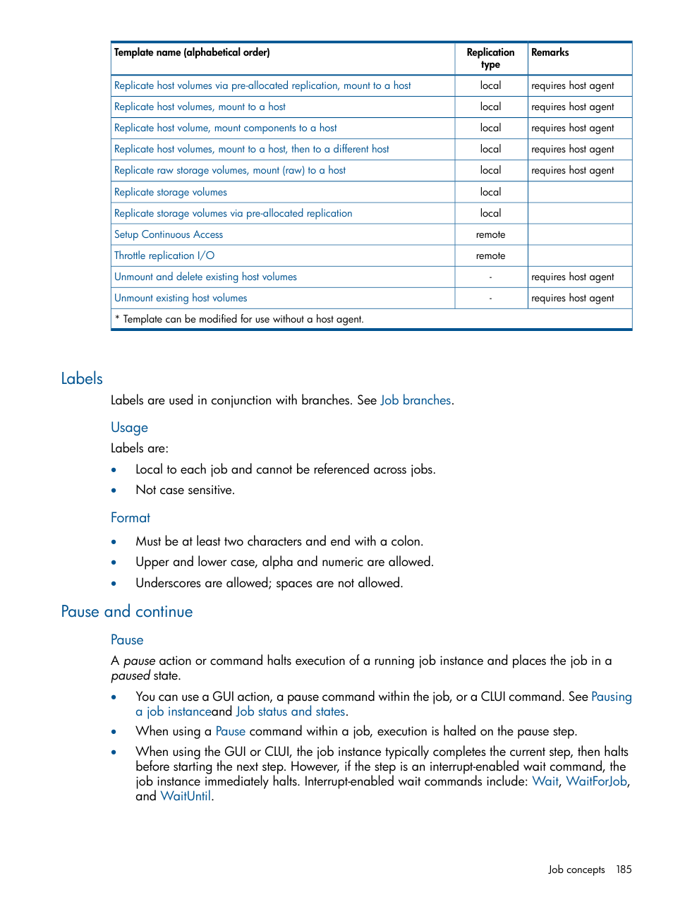 Labels, Pause and continue, Labels pause and continue | Job command labels, Label | HP P6000 Continuous Access Software User Manual | Page 185 / 296