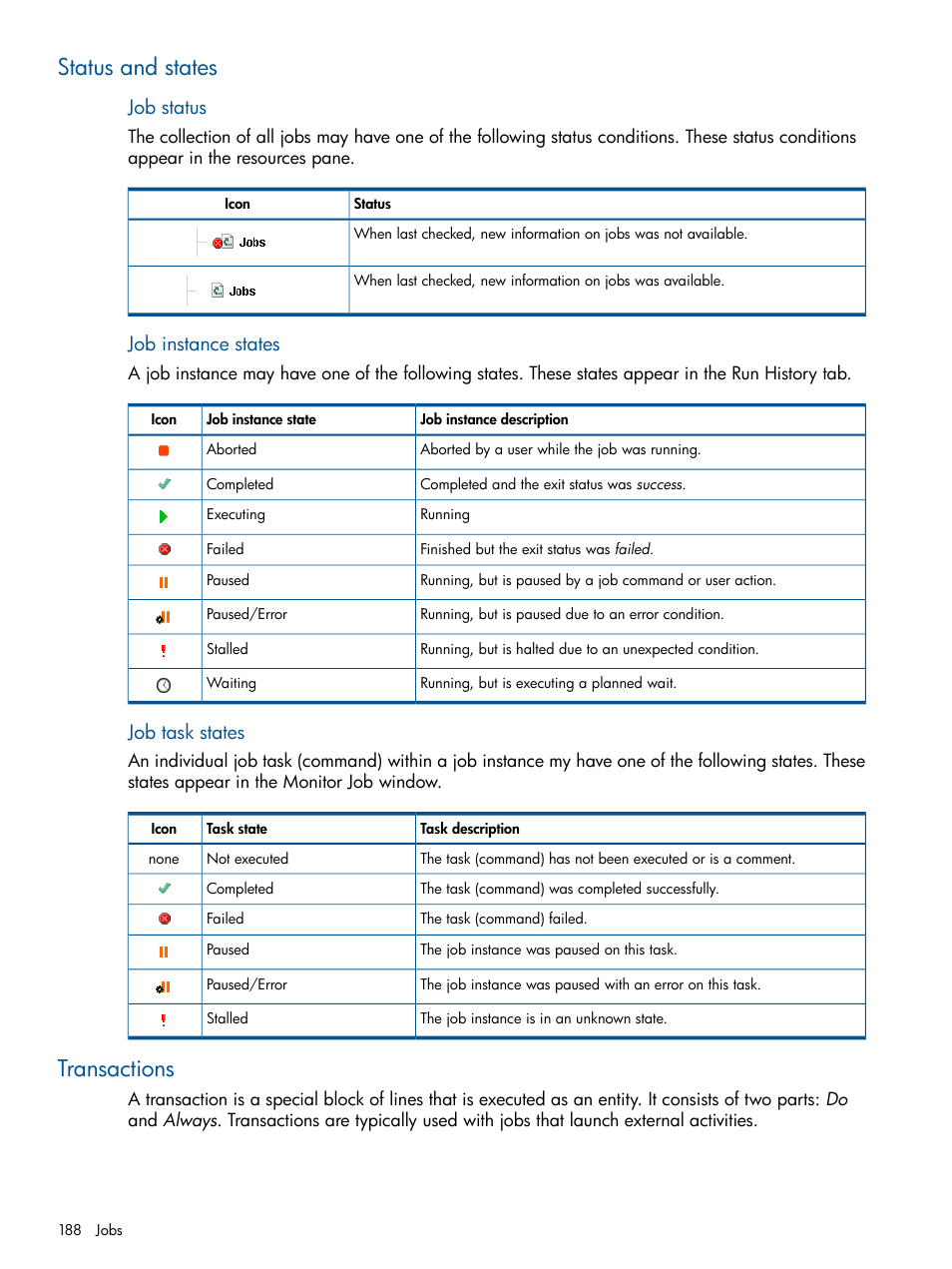 Status and states, Transactions, Status and states transactions | Transaction, Job status and states, Job status, Job instance states, Job task states | HP P6000 Continuous Access Software User Manual | Page 188 / 296