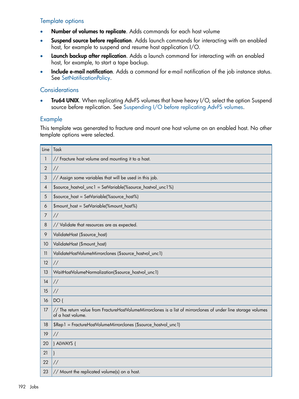 Template options, Considerations, Example | HP P6000 Continuous Access Software User Manual | Page 192 / 296
