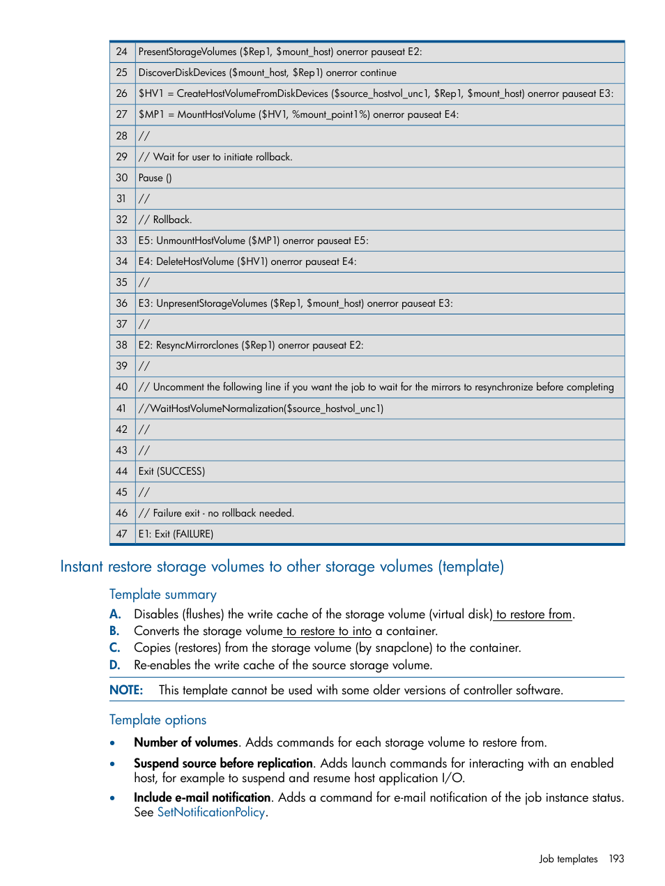 Template summary, Template options | HP P6000 Continuous Access Software User Manual | Page 193 / 296