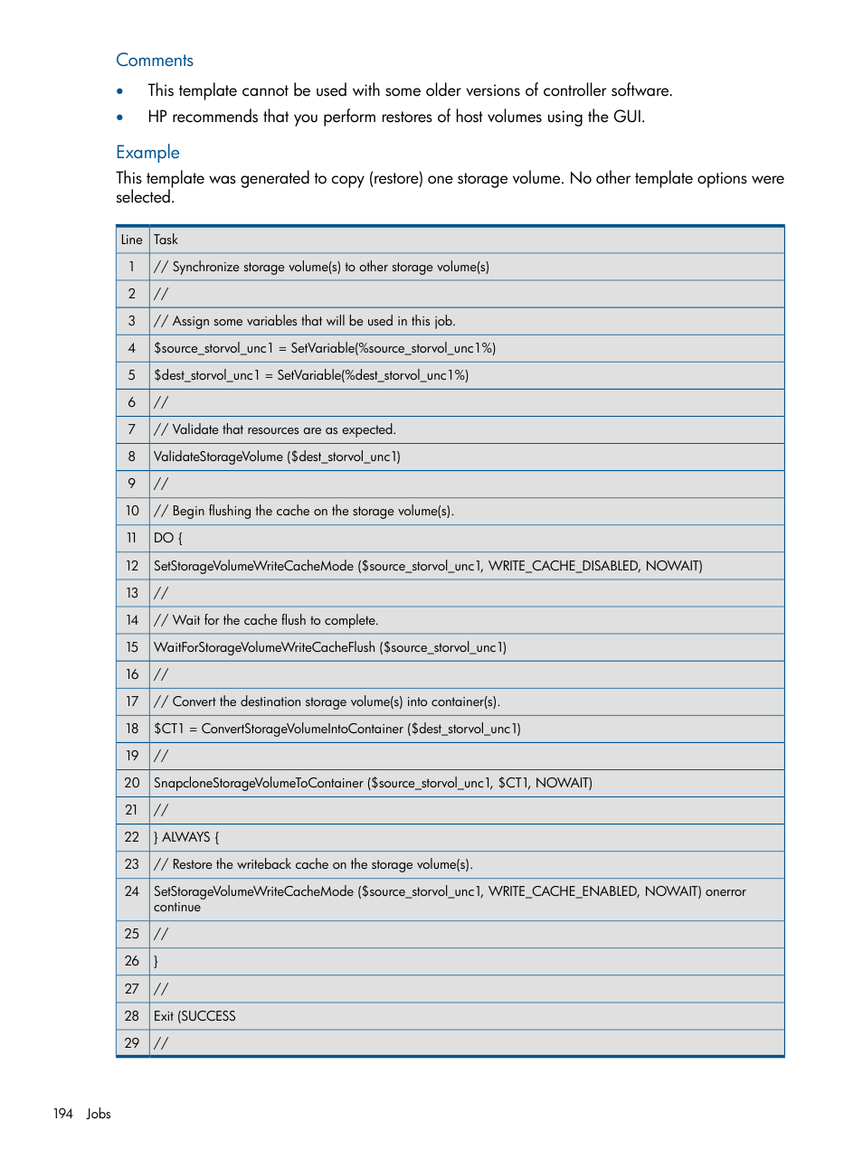 Comments, Example | HP P6000 Continuous Access Software User Manual | Page 194 / 296