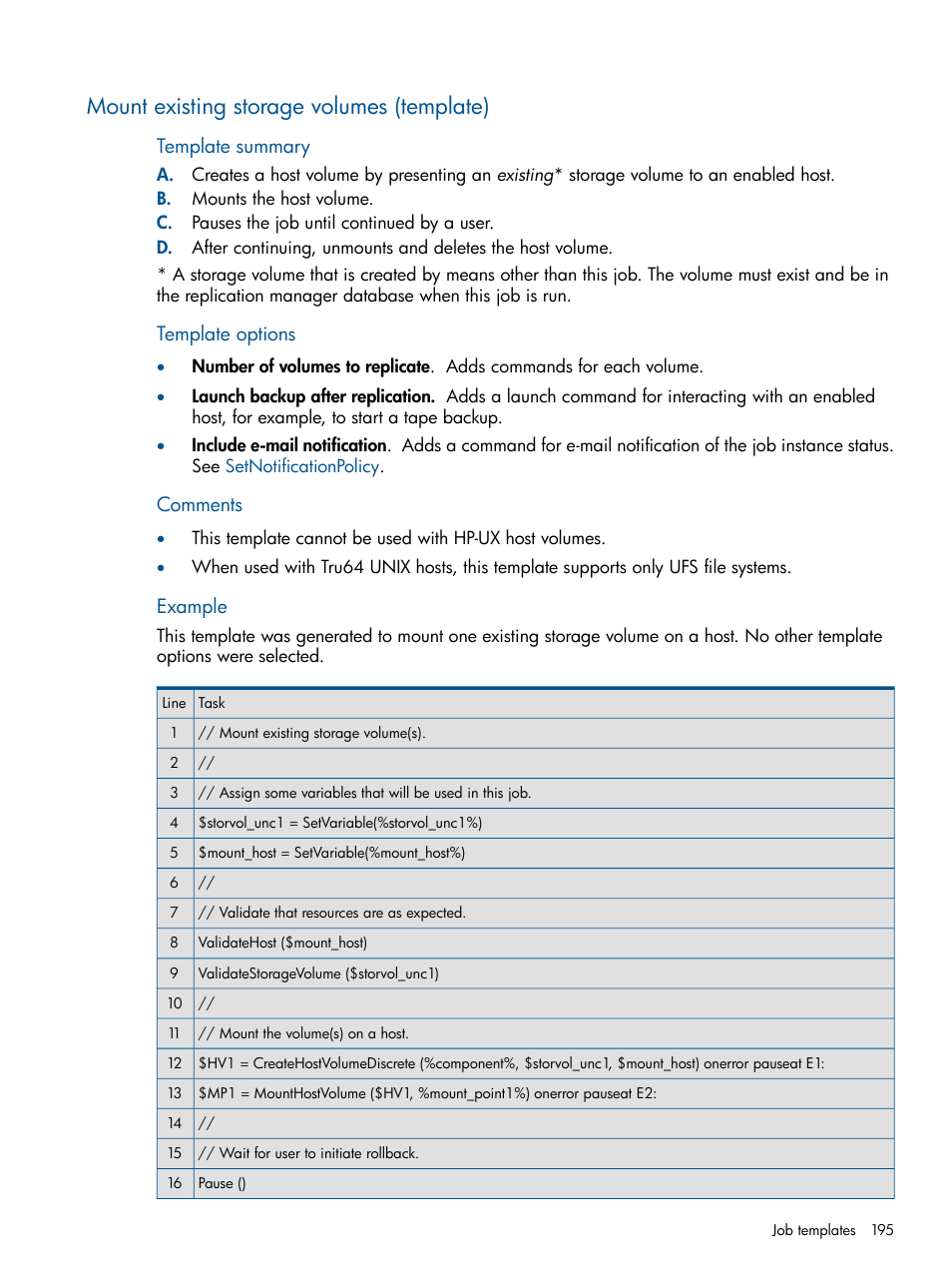 Mount existing storage volumes (template), Mount existing storage volumes, Template summary | Template options, Comments, Example | HP P6000 Continuous Access Software User Manual | Page 195 / 296