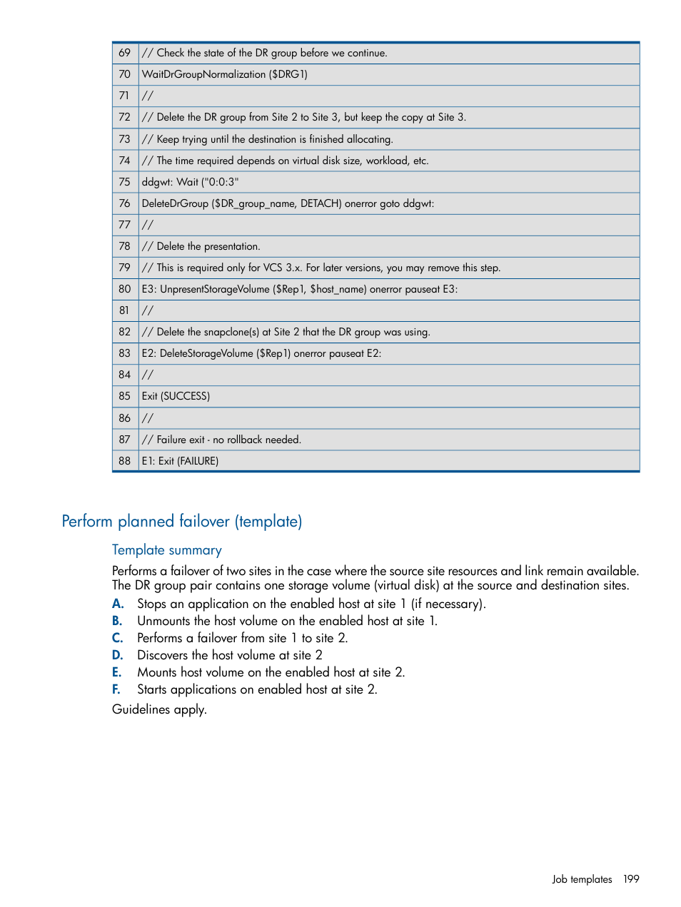 Perform planned failover (template), Perform planned failover, Template summary | HP P6000 Continuous Access Software User Manual | Page 199 / 296
