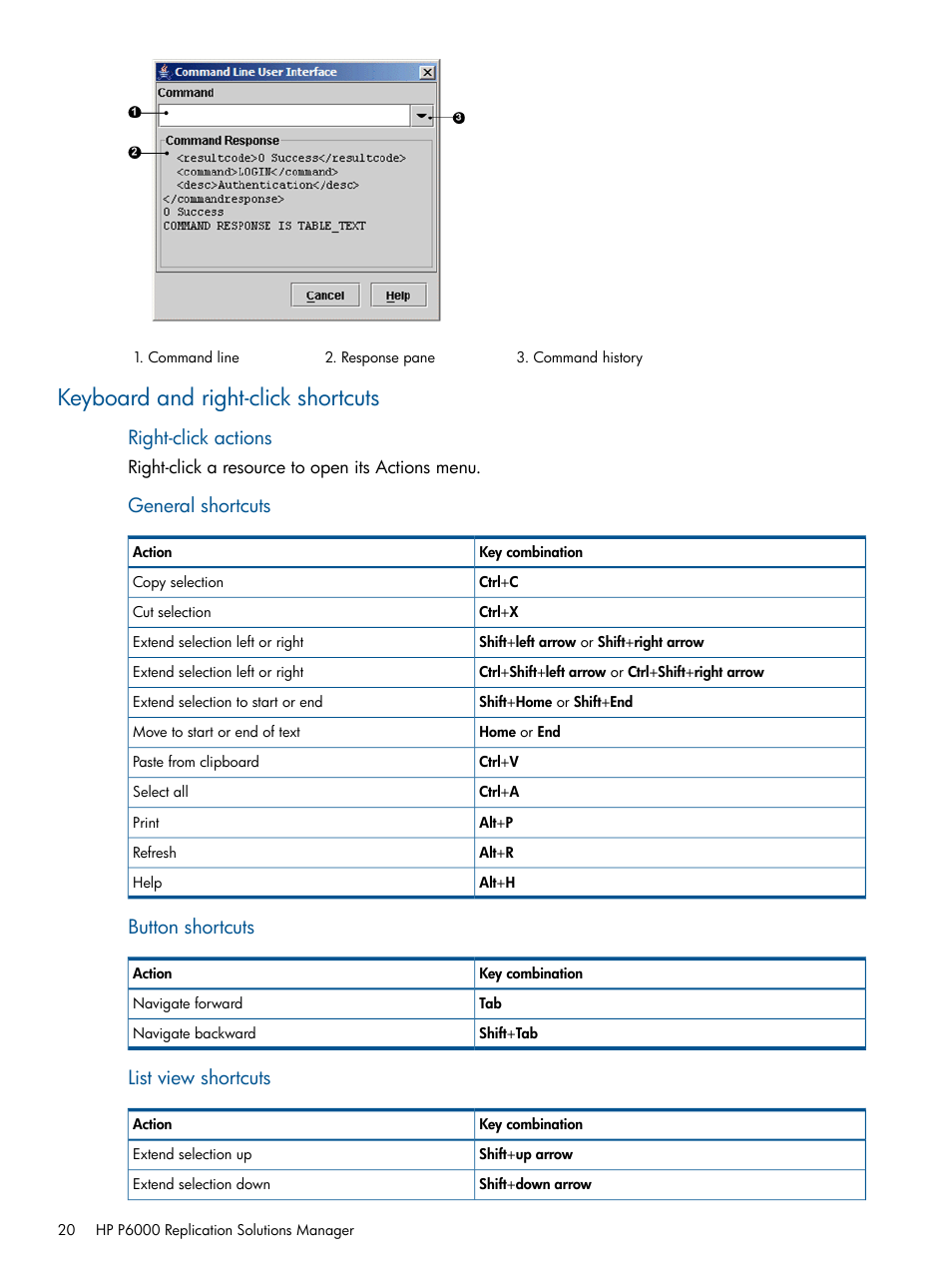 Keyboard and right-click shortcuts, Right-click actions, General shortcuts | Button shortcuts, List view shortcuts | HP P6000 Continuous Access Software User Manual | Page 20 / 296