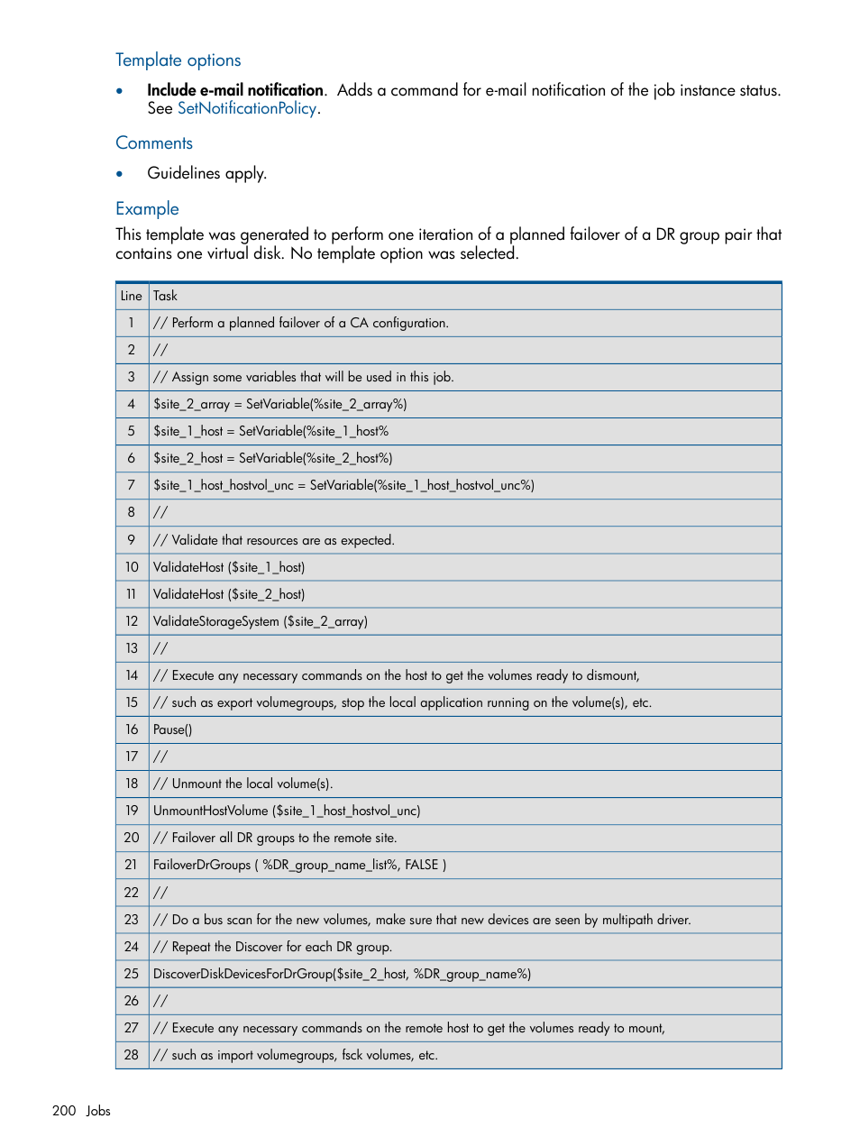 Template options, Comments, Example | HP P6000 Continuous Access Software User Manual | Page 200 / 296