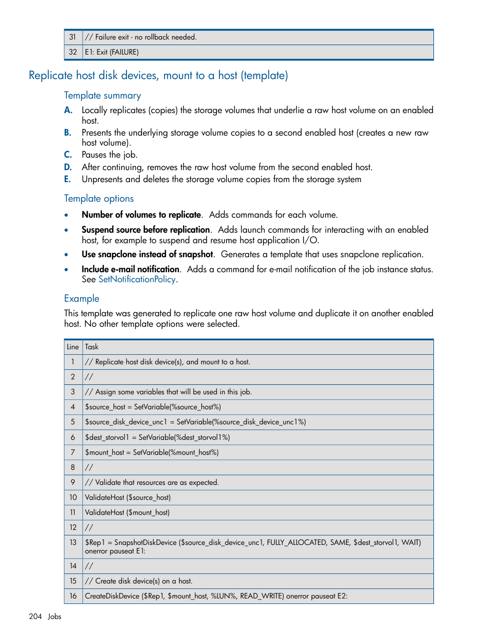 Replicate host disk devices, mount to a host, Template summary, Template options | Example | HP P6000 Continuous Access Software User Manual | Page 204 / 296