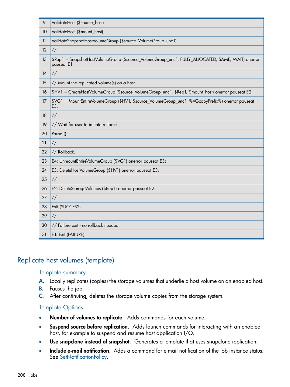 Replicate host volumes (template), Replicate host volumes, Template summary | Template options | HP P6000 Continuous Access Software User Manual | Page 208 / 296