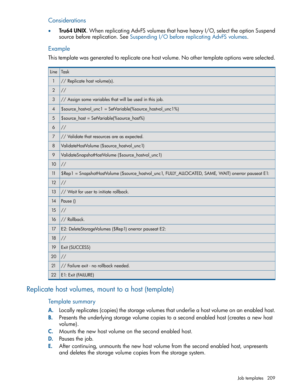 Replicate host volumes, mount to a host (template), Replicate host volumes, mount to a host, Considerations | Example, Template summary | HP P6000 Continuous Access Software User Manual | Page 209 / 296