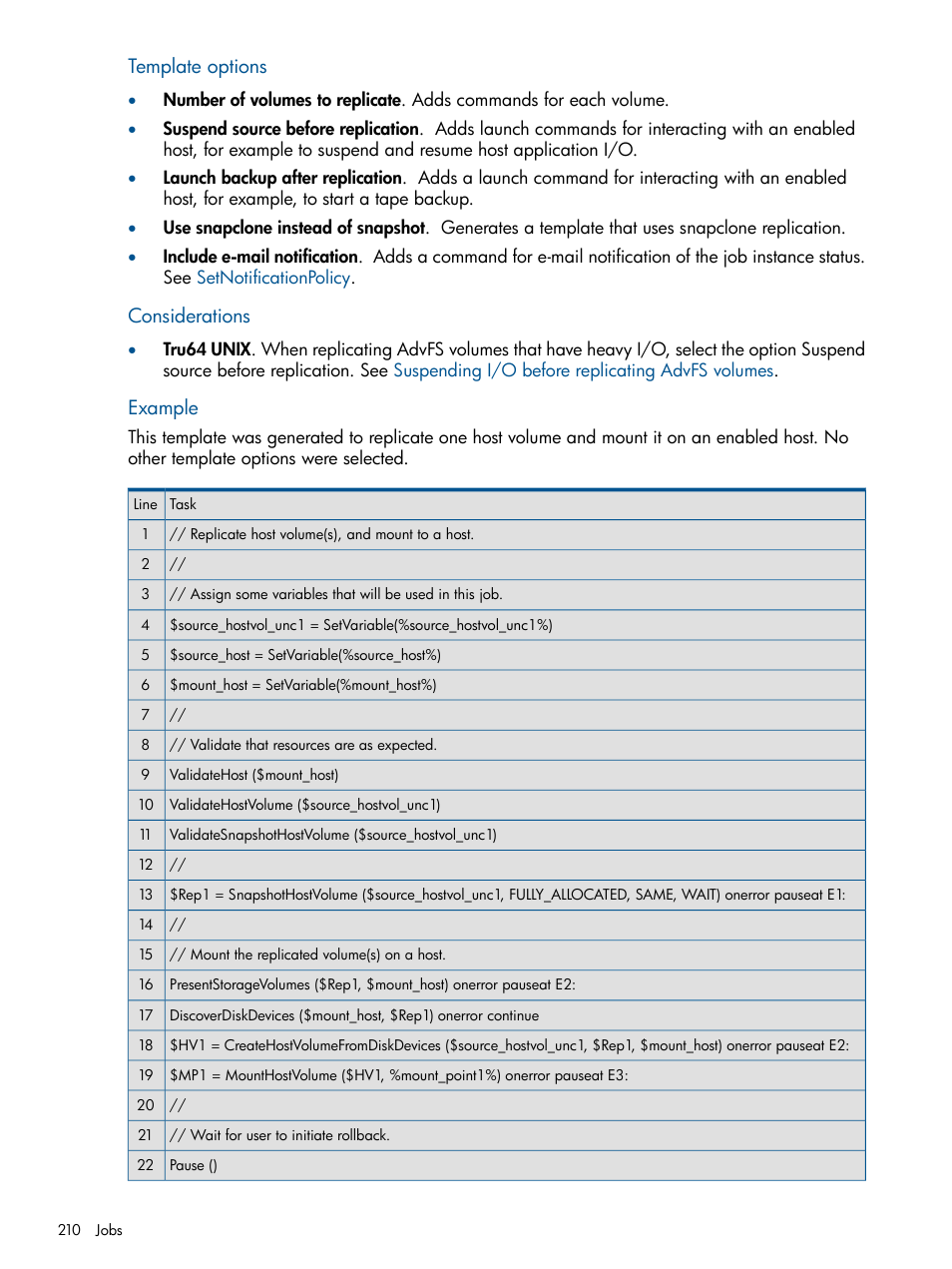 Template options, Considerations, Example | HP P6000 Continuous Access Software User Manual | Page 210 / 296