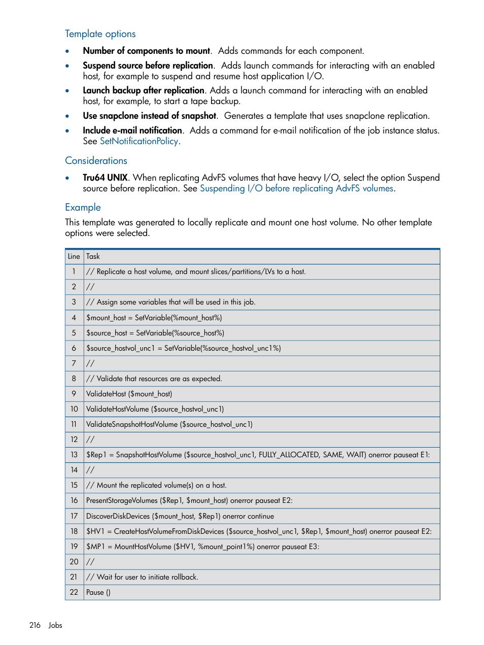 Template options, Considerations, Example | HP P6000 Continuous Access Software User Manual | Page 216 / 296