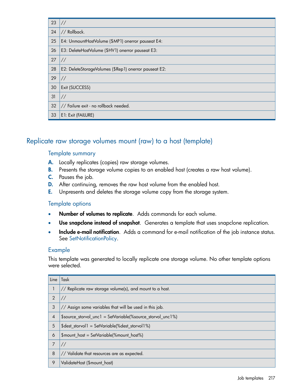 Template summary, Template options, Example | HP P6000 Continuous Access Software User Manual | Page 217 / 296