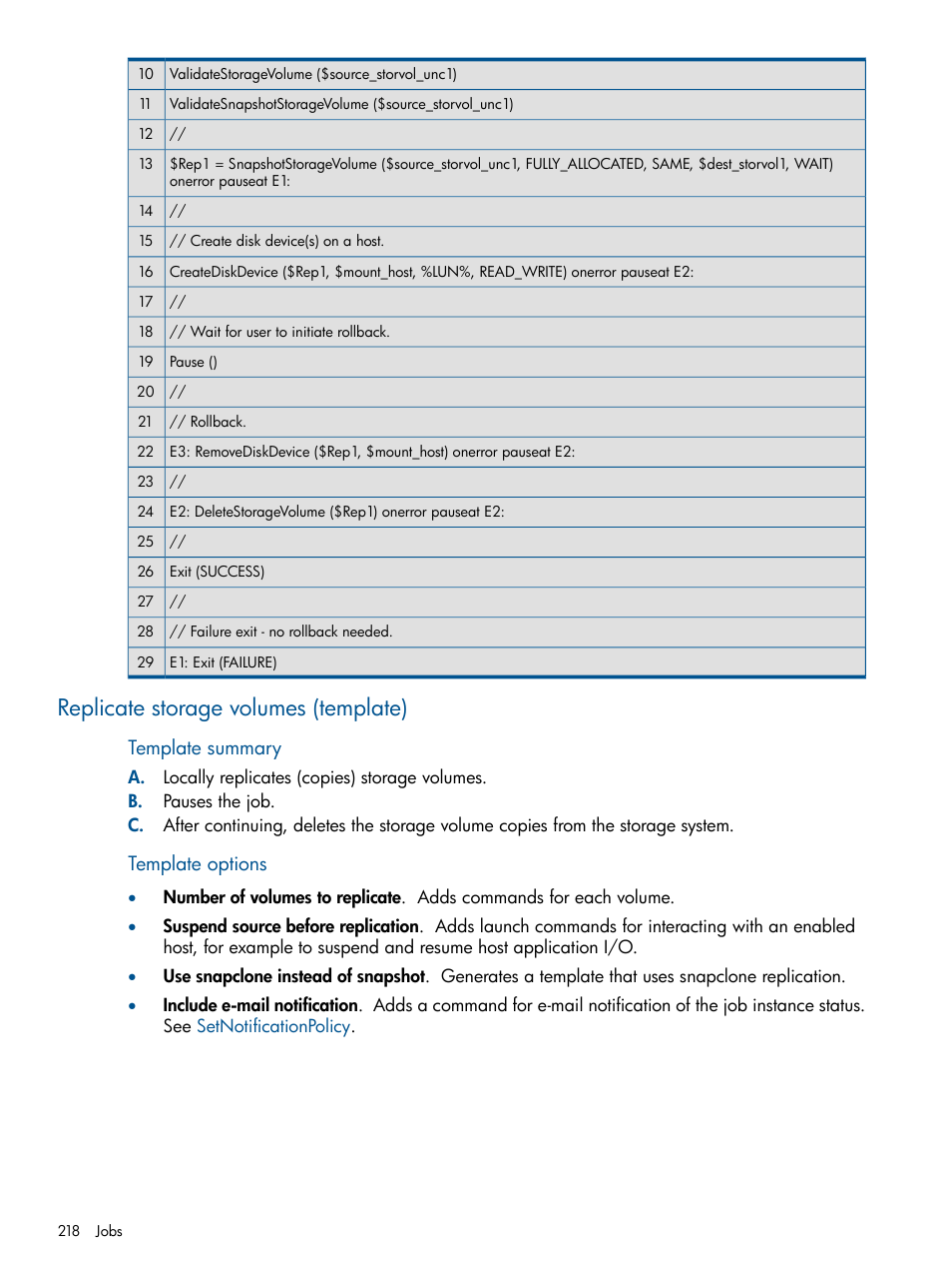 Replicate storage volumes (template), Replicate storage volumes, Template summary | Template options | HP P6000 Continuous Access Software User Manual | Page 218 / 296