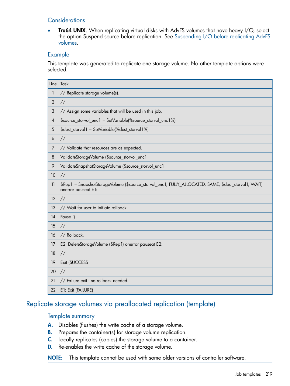 Considerations, Example, Template summary | HP P6000 Continuous Access Software User Manual | Page 219 / 296
