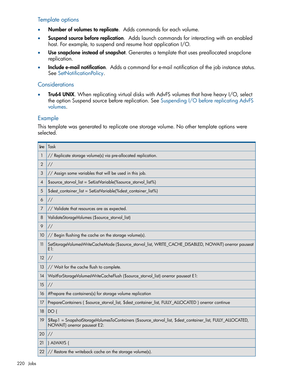 Template options, Considerations, Example | HP P6000 Continuous Access Software User Manual | Page 220 / 296