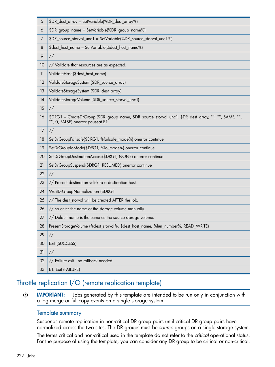 Throttle replication i/o, Template summary | HP P6000 Continuous Access Software User Manual | Page 222 / 296
